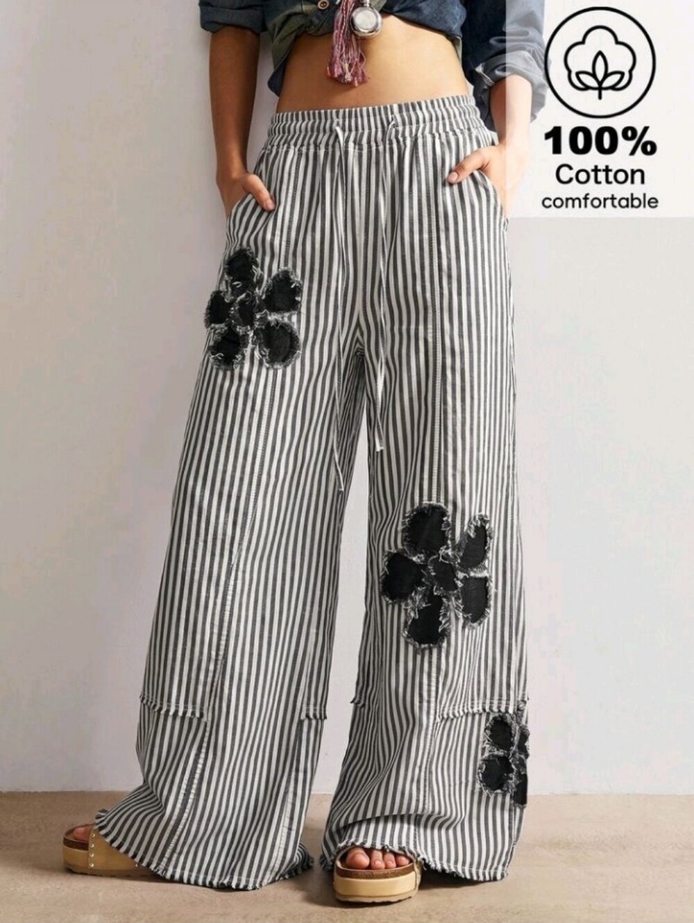 Bohemela Casual Boho Woven Striped Loose Wide Leg Women's Long Pants Work